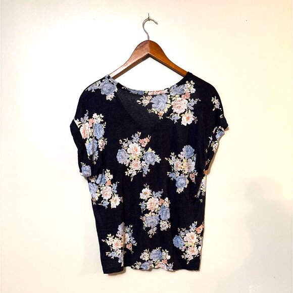 Floral Loft Linen Blend Scoop Neck Short Sleeve Top M - Picture 3 of 5
